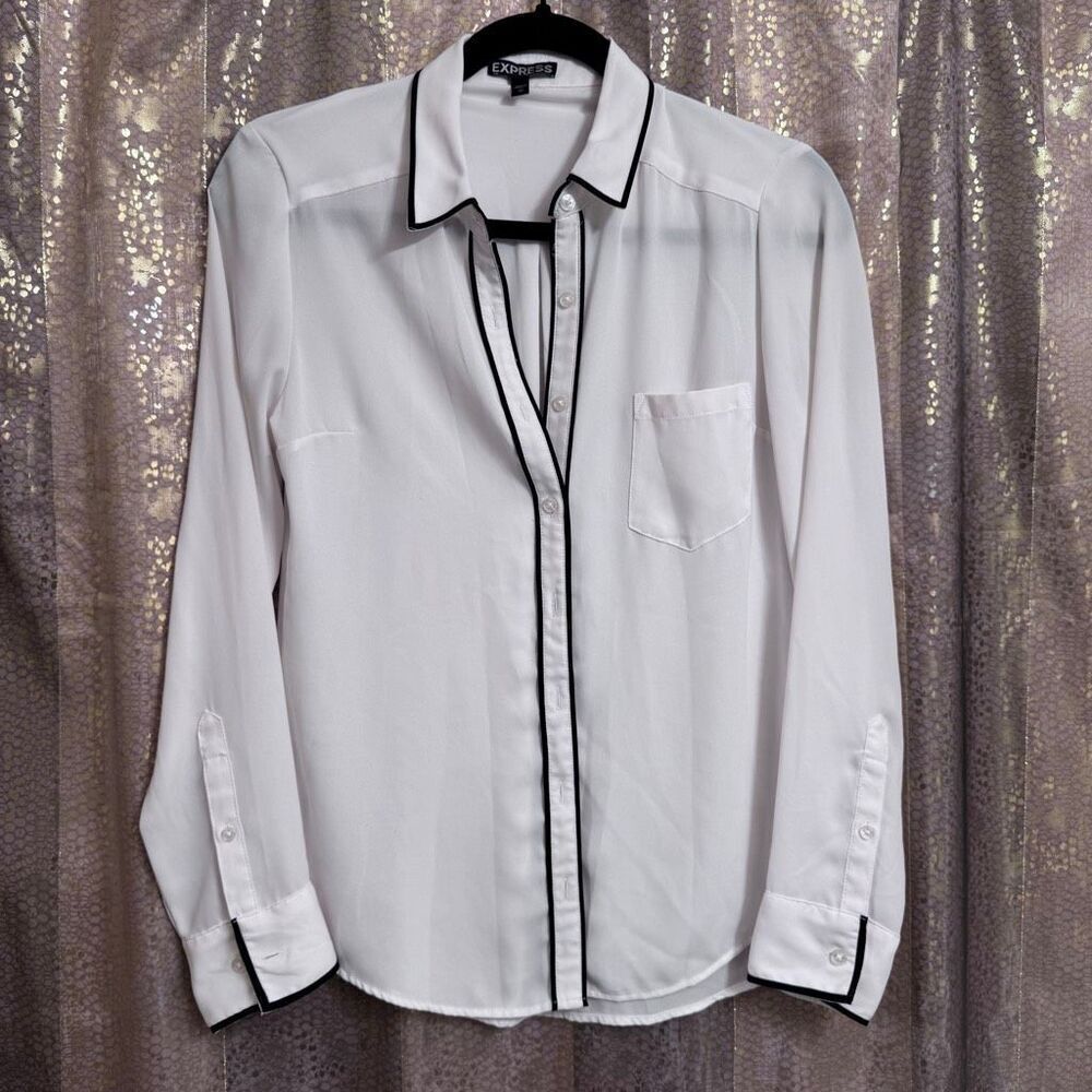 Express White Black Minimalist Button Down Portofino Blouse Top XS